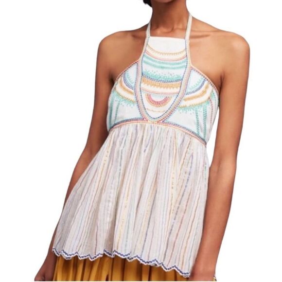 Anthropologie Tops - NWT Anthropologie halter top white with multicolor embroidery size 10